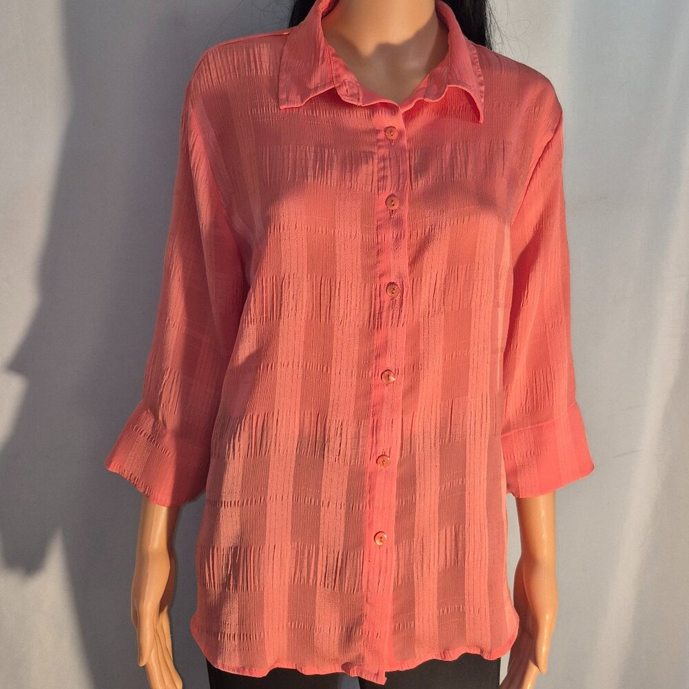 BON WORTH semi-sheer Coral colored Blouse, button front in size XL